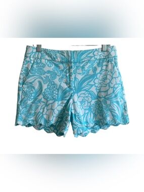 Talbots Aqua and White Floral Scalloped Hem Shorts